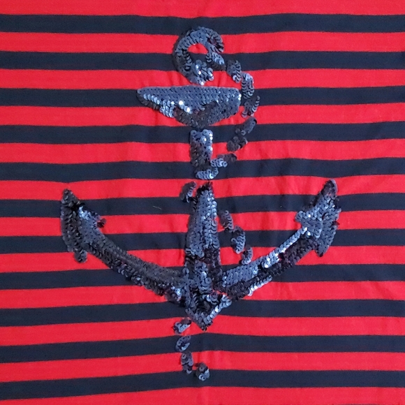 DKNY blue and red striped short sleeve top sequin anchor sz. Sml - Picture 3 of 6